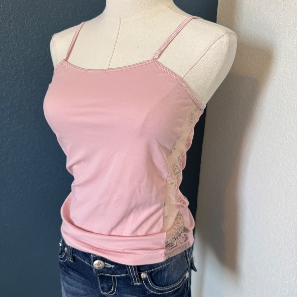 Coquette Y2K Lace Panel Finess Baby Tank Large Pink